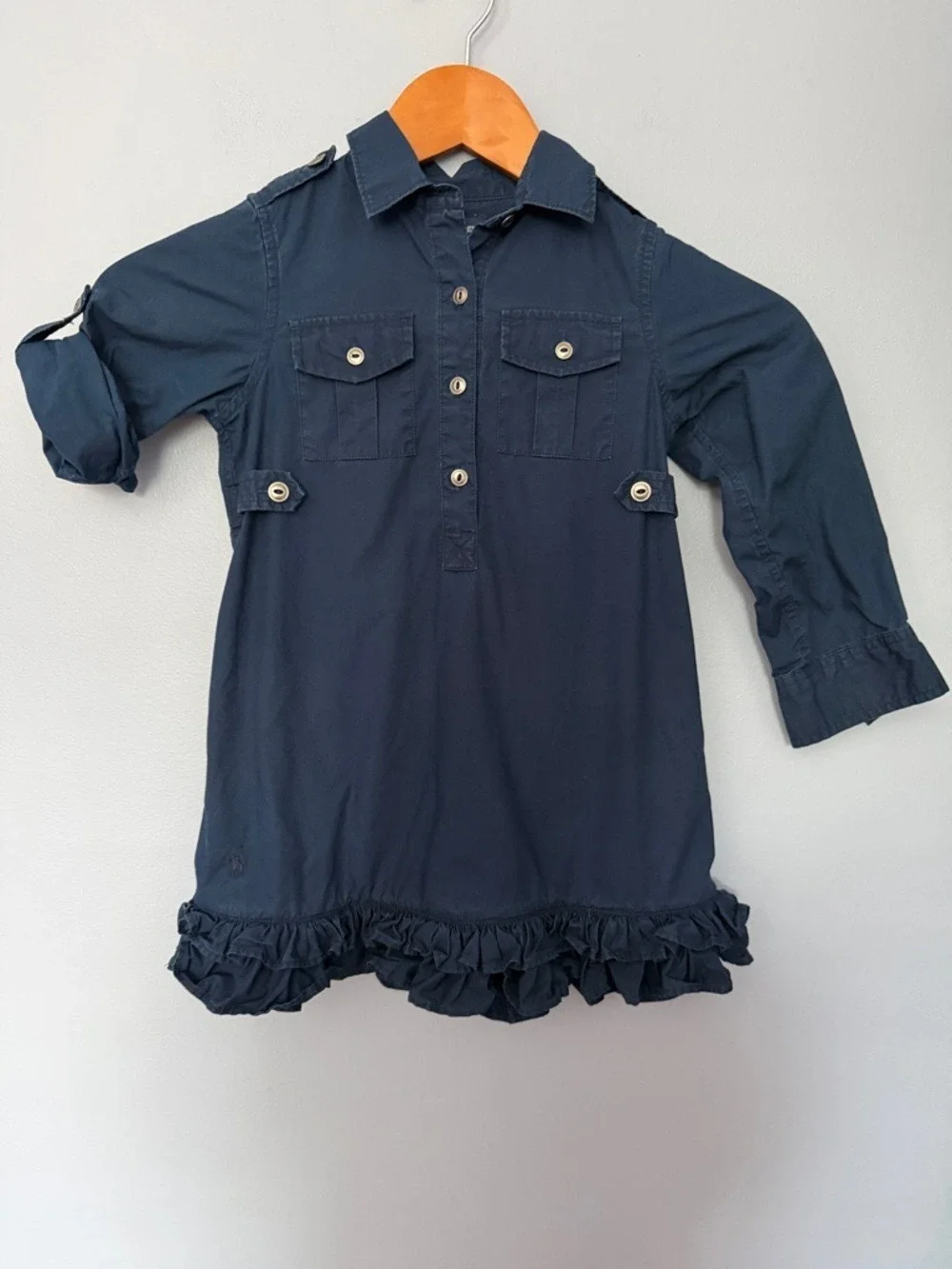 Polo Ralph Lauren Girls Navy Shirt Dress Size 4 Button Front Ruffle Hem Classic